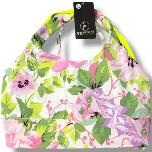 90 Degree | NWT $44 White Pink Green Floral Neon Sports Bra (size L) - Picture 2 of 6